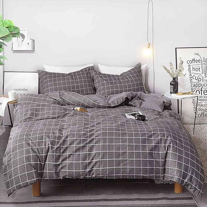 Nanko Queen Duvet Cover Set Gray, 3 Pieces 1200 TC Luxury Microfiber Down Comforter Quilt Bedding Cover with Zipper Closure, Ties - Organic Modern Style for Men and Women, Plaid