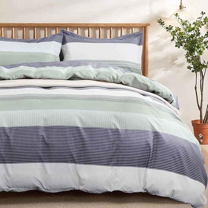 Nanko Queen Duvet Cover Set 3pc 90x90 Gray Mint Green Striped Pattern Printed Luxury Microfiber Comforter Quilt Bedding Cover with Zipper Closure Ties - Modern for Men and Women Chambray