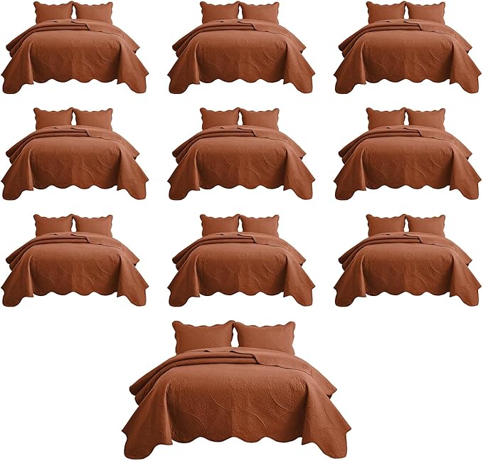 MOONLIGHT20015 10 Pack Queen Quilt Bedding Set (90" x 96") - Bulk Wholesale for Hotels, Guest Bedroom & Airbnbs - Lightweight Microfiber Reversible Floral Embossed Quilts Bedspreads (Rust)