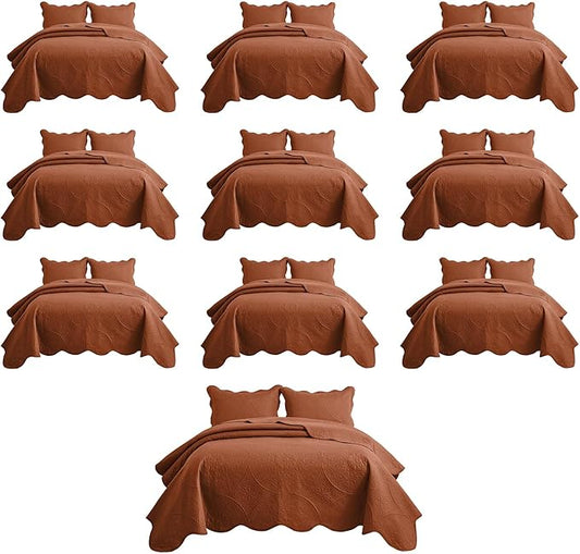MOONLIGHT20015 10 Pack Queen Quilt Bedding Set (90" x 96") - Bulk Wholesale for Hotels, Guest Bedroom & Airbnbs - Lightweight Microfiber Reversible Floral Embossed Quilts Bedspreads (Rust)