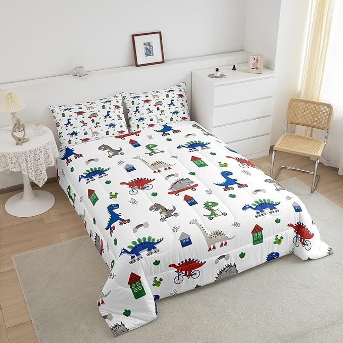 Feelyou Kids Cartoon Dino Comforter Set Twin Size, Blue Green Dinosaur Bedding Set Boys Girls Kawaii Comforter Jungle Dino Duvet Insert 2Pcs