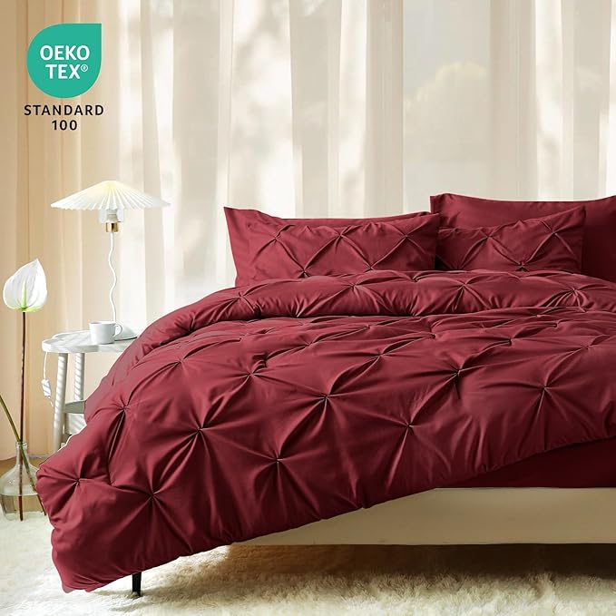JOLLYVOGUE Twin Comforter Set 5 Pieces - Bed in a Bag Twin for All Season, Pintuck Bedding Comforter Sets with Comforter, Flat Sheet, Fitted Sheet and Pillowcases & Shams, Burgundy