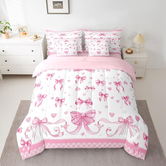 Feelyou Pink Bowknot Comforter Set with Sheets 7 Piece Twin Size Dreamy Princess Bed in a Bag Kids Boys Girls Cute Bow Bedding Set Love Hearts Bedroom Decor Breathable Soft Lightweight Microfiber