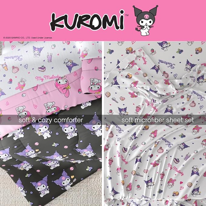 Sanrio Kuromi & My Melody Bedding 7 Piece Super Soft Cozy Reversible Comforter and Sheet Set with Sham, Queen, (100% Official Licensed Product) by Franco