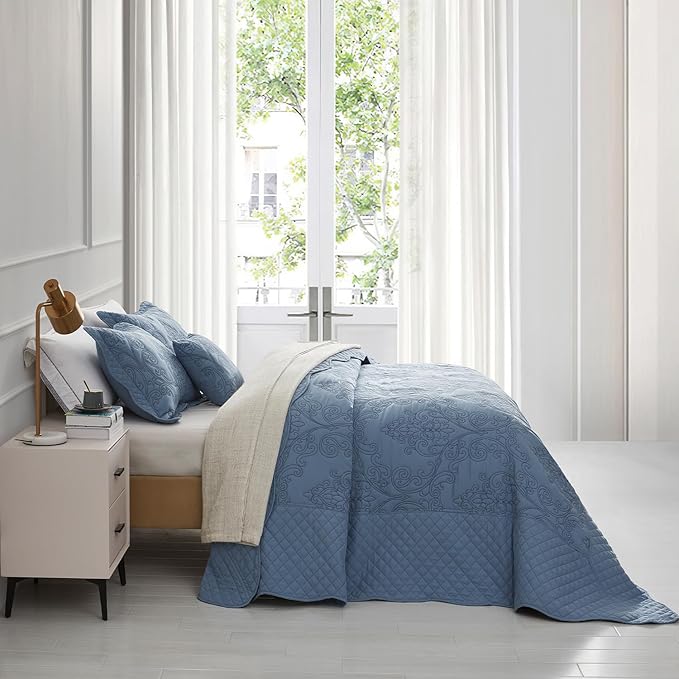 CHIXIN Bedspread Coverlet Quilt Set Full Size - Lightweight Bedding Cover - Beautiful Stitching - 5 Piece Reversible Bedspread - Luxury Damask Paisley Pattern (Full, Ashley Blue)