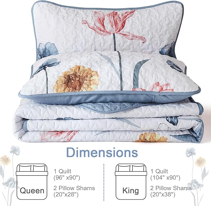 WONGS BEDDING Floral Quilt Set Queen,3 Pieces Blue & Pink Bedspread Coverlet Set Botanical Bedspreads Bed Cover Quilts，Soft Lightweight Farmhouse Flower Bedding Set for Spring Summer(96"x90")