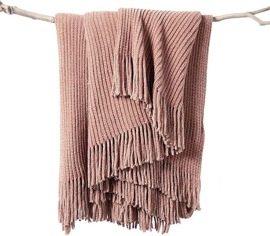 lifein Throw Blanket for Couch, Soft Boho Decor Bed Throw,Cozy Chenille Knitted Small Farmhouse Lightweight Throw (Pink,60 * 80")