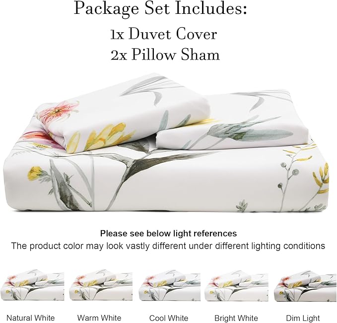 PHF Ultra Soft Floral Duvet Cover Queen Size, Printed Bedding Set 3 Pieces, Comfy Durable Farmhouse Duvet Cover Set with 2 Pillow Shams, Zipper Closure and 8 Ties, 90"x90", White & Yellow