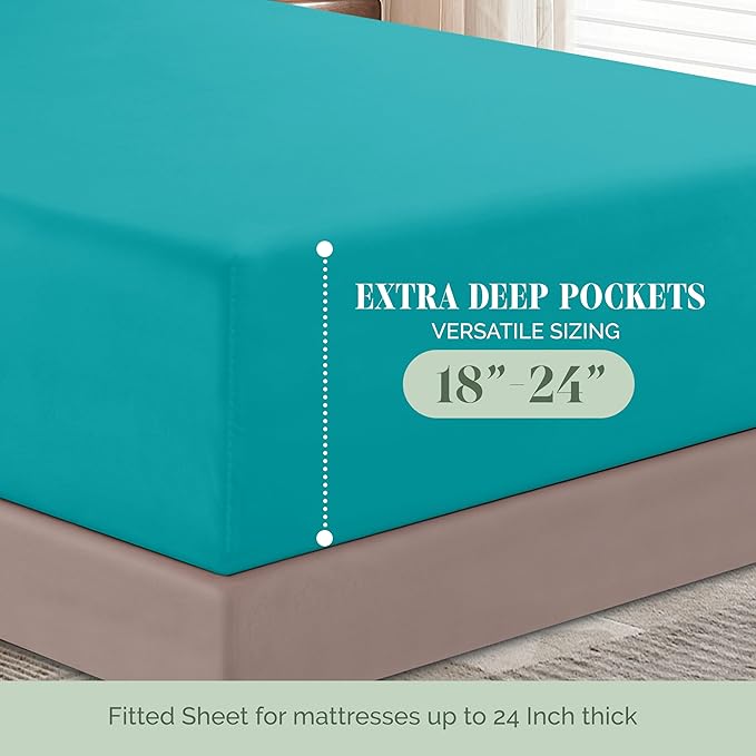 Elegant Comfort Luxurious 1500 Premium Hotel Quality Microfiber 4-Piece Sheet Set, 18-24 Inches Deep - Extra Deep Pocket Sheets - Ultra Soft 4PC Deep Pocket Sheets, King, Turquoise