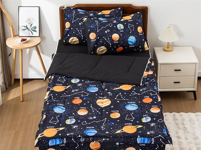 NTBED Galaxy Printed Zipper Bedding Sets Full Lightweight Microfiber Universe Comforter Sets with Fitted Sheet Pillow Covers,Navy Blue