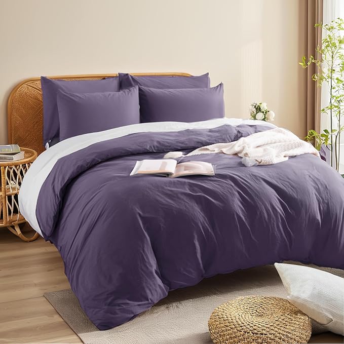 NEXHOME PRO 100% Washed Cotton Duvet Cover Queen Size, Ogranic Natural Linen Feel Breathable Bedding Set with Zipper Closure, 3 Pieces Duvet Cover Set Eggplant (No Comfortert) 9090