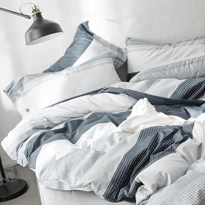 LifeTB Striped Comforter Set Queen Size, Blue Grey Stripes Pattern Printed Bedding Set, 3 Pieces Lightweight Bedding Comforter Set, Stripe Soft Fluffy Bed Set Queen Comforter with 2 Pillowcases