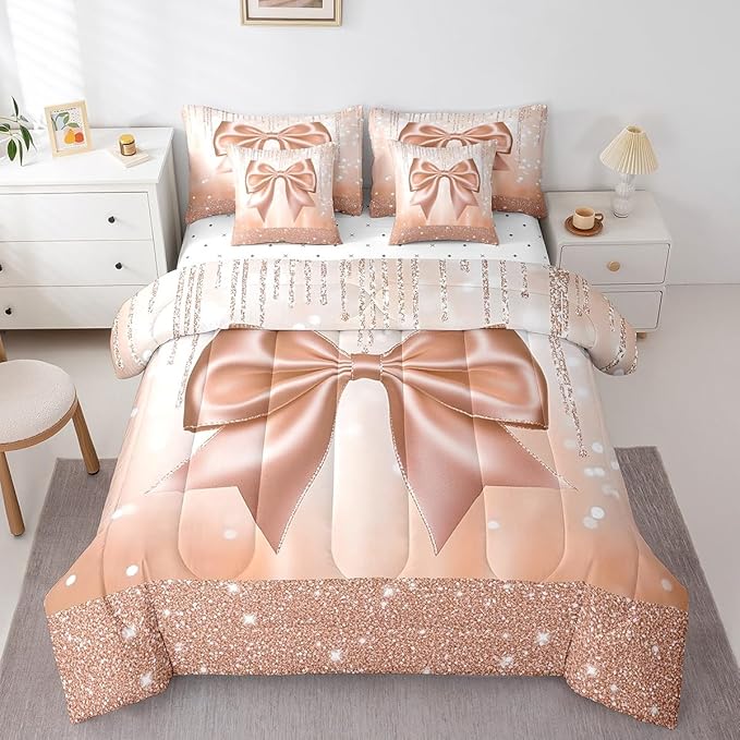 Feelyou Kids Cute Bowknot Comforter Set with Sheets King Size, Dreamy Princess 7 Pieces Bedding Set Boys Girls Glitter Bed in A Bag Watercolor Bow Teens Bed Set Bedroom Decor 7Pcs