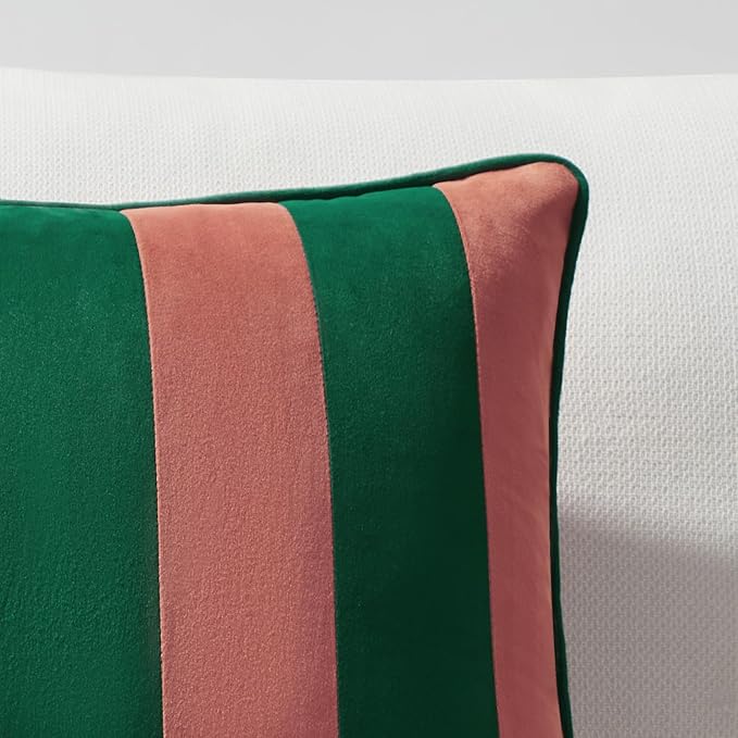 MONDAY MOOSE Decorative Throw Pillow Covers Cushion Cases, Set of 2 Soft Velvet Striped Piping Edge Designs, Pillow Inserts Not Included (18x18 inch, Pink/Green)