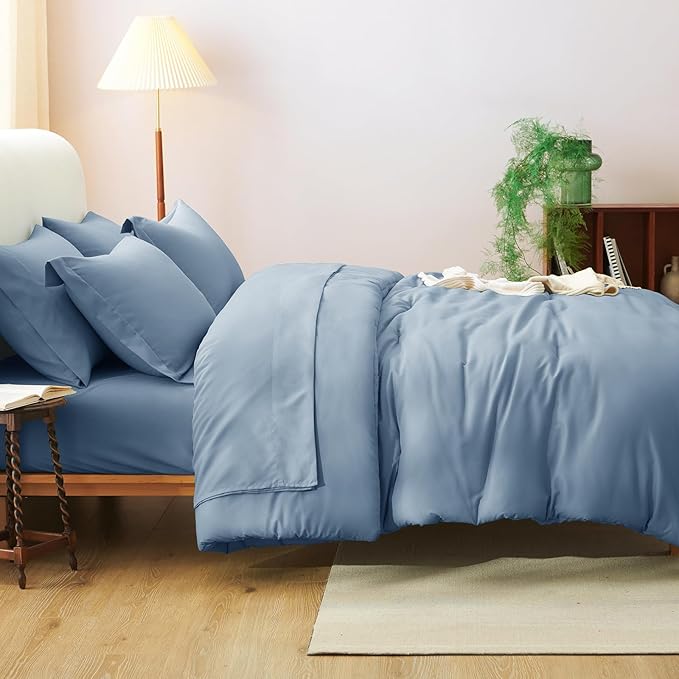 CozyLux Full Comforter Set Grayish Blue, 7 Pieces Bed in a Bag Bedding Comforter Set with Sheets, All Season Boho 7PC Bed Sets with Comforter, Fitted Sheets, Flat Sheets, Pillow Shams and Pillowcases