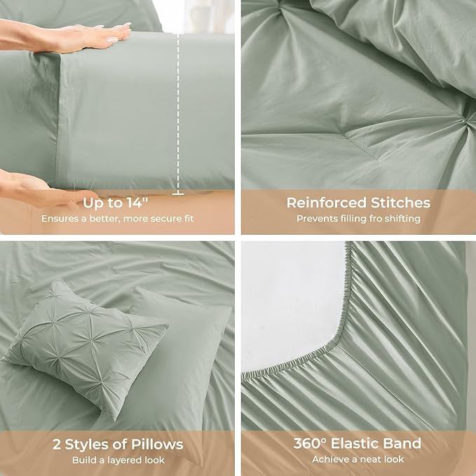 Sasttie King Size Comforter Set, 7-Piece Bed in a Bag, Pintuck Bedding Set for All Season, Includes Comforter, Flat Sheet, Fitted Sheet, Pillowcases and Pillowshams, Sage Grey