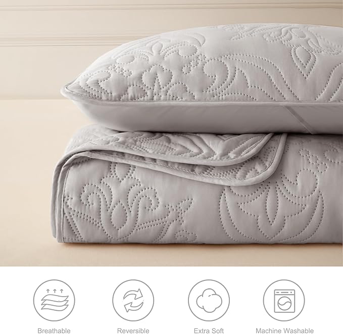 Whale Flotilla Soft Queen Quilt Bedding Set for All Seasons, Vintage Damask Ultrasonic Full Size Quilts Set, Lightweight Reversible Bedspread, Coverlet, Bed Cover with 2 Pillow Shams, Lightgrey