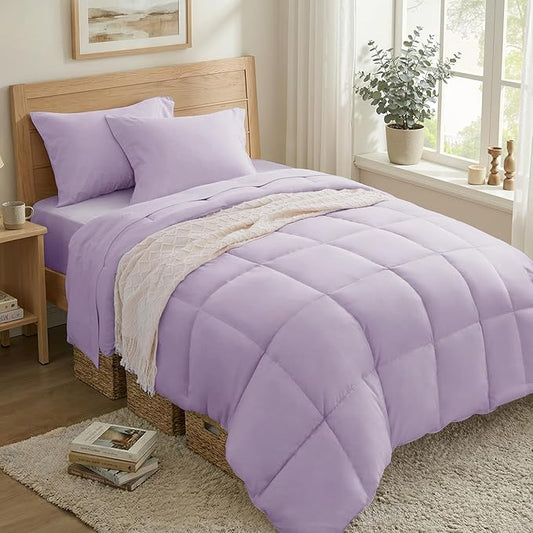 Anluoer Twin Comforter Set 5 Piece, Lavender Bed in a Bag with Sheets, Comforters Twin Size Bedding Sets with 1 Comforter, 1 Pillow Shams, 1 Pillowcases, 1 Flat Sheet,1 Fitted Sheet