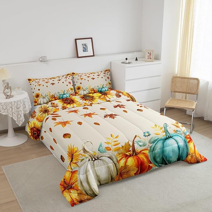Fall Pumpkin Bedding Set For Home Queen Thanksgiving Harvest Season Fruit Decor Comforter Set Autumn Fall Maple Leaf Quilt Comforter for Kids Teen Adults,Rustic Farm Sunflower Bed Sets 2 Pillow Cases