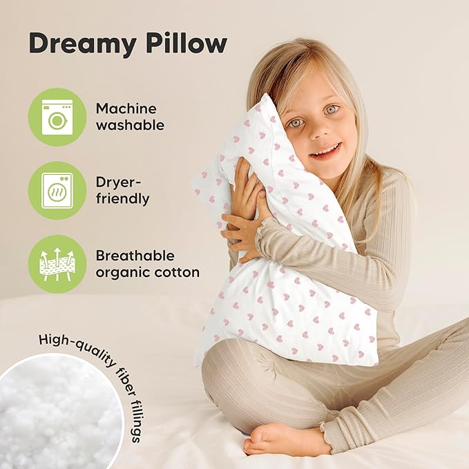 KeaBabies 2-Pack Toddler Pillows 2 Year Old to 5-13x18 Soft Organic Cotton Kids Pillow for Sleeping, Travel, School, Daycare, Nap, Toddler Bed, Machine Washable, Without Pillowcase (Hearts)