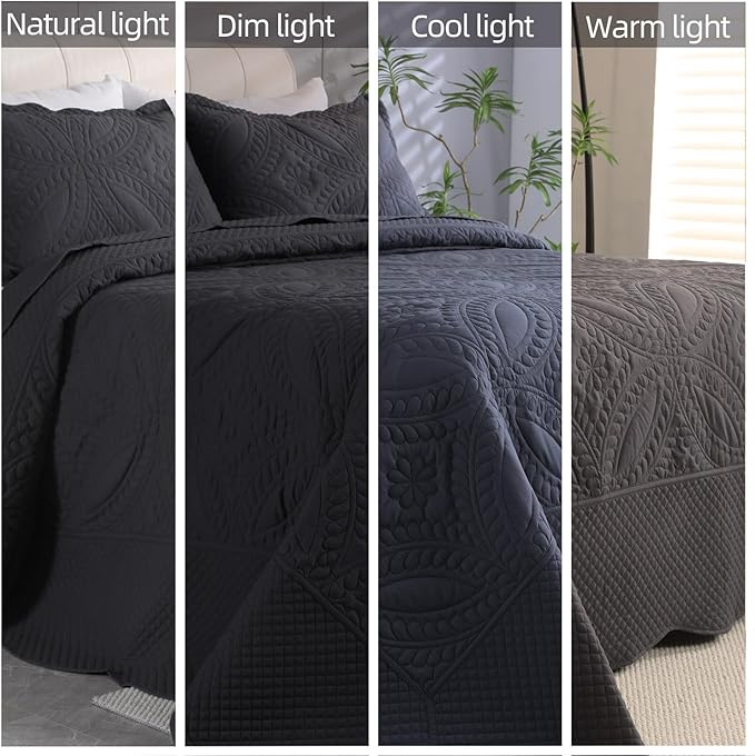 Cmfshape Oversize King Bedspread 128"x120",3 Piece California King Quilt,Lightweight Grey Quilt Set for All Season,Modern Coin Pattern Bedding Set