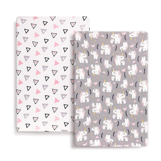 Stretchy Ultra Soft Jersey Knit Fitted Pack n Play Playard Sheets Set 2 Pack, Fits Portable/Mini Cribs Sheets, Playards Mattress Pads, Pink Simple Triangle/Dream Unicorn for Girls
