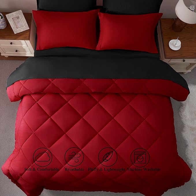 ELNIDO QUEEN® Full Size Bed in a Bag 7 Pieces - Red and Black Bed Comforter Set Full Size, All Season Bedding Sets with Reversible Comforter, Flat Sheet, Fitted Sheet, Pillowcases and Pillow Shams