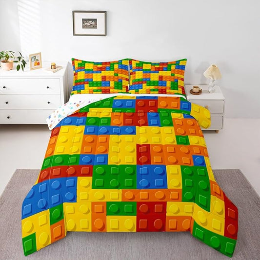Feelyou Games Comforter Set King Building Blocks Bedding Set for Kids Boys Girls Colorful Geometric Toy Brick Comforter Gaming Nursery Quilt Duvet Set with 2 Pillowcase Boys