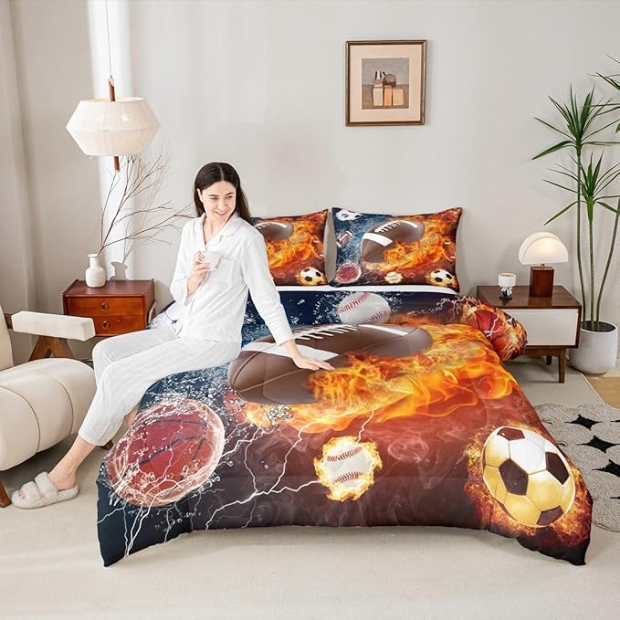 Erosebridal Football Comforter Set King Rugby Sports Bedding Set for Teen Boys Kids,Soccer Basketball Baseball Comforter Red Blue Water Fire Lightning Quilt Duvet Insert Bedroom Decor 2 Pillow Cases