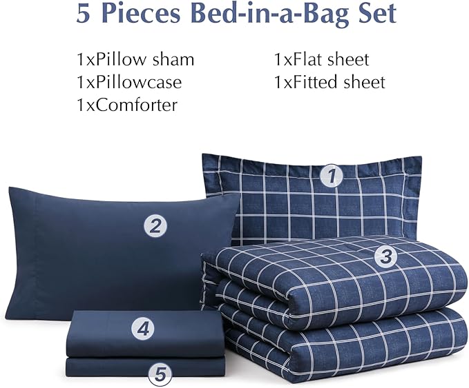 Plaid Twin XL Comforter Set Dark Blue, Reversible Checkered Bedding Set 5 Pieces for Boys Girls Teen, Lightweight Bed in a Bag for Dorm with Sheets, Pillowcase & Sham