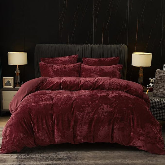 PHF Truly Velvet Duvet Cover Set King Size, 3pcs Ultra Soft Breathable Comforter Cover Set, Luxury Cozy Flannel Duvet Cover with Pillow Shams Bedding Collection, 104" x 90", Wine Red