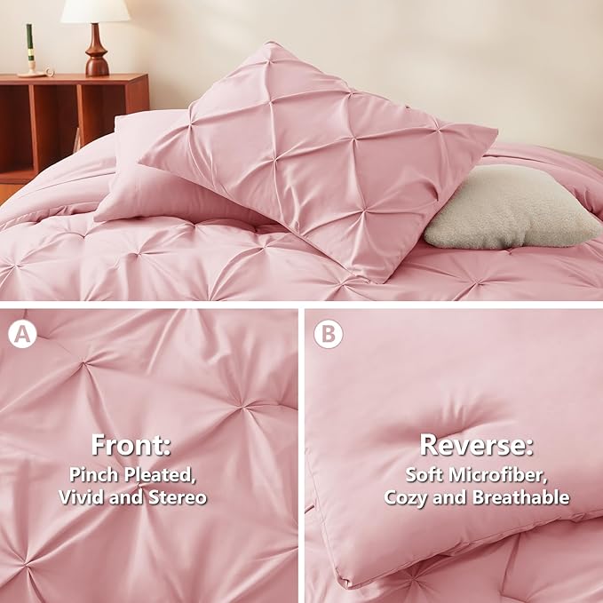 CozyLux Full Size Comforter Sets Pink, 7 Pieces Pintuck Bed in A Bag Pink Comforter Full Size, Pinch Pleat Bedding Sets with All Season Comforter, Sheets, Pillowcases & Shams