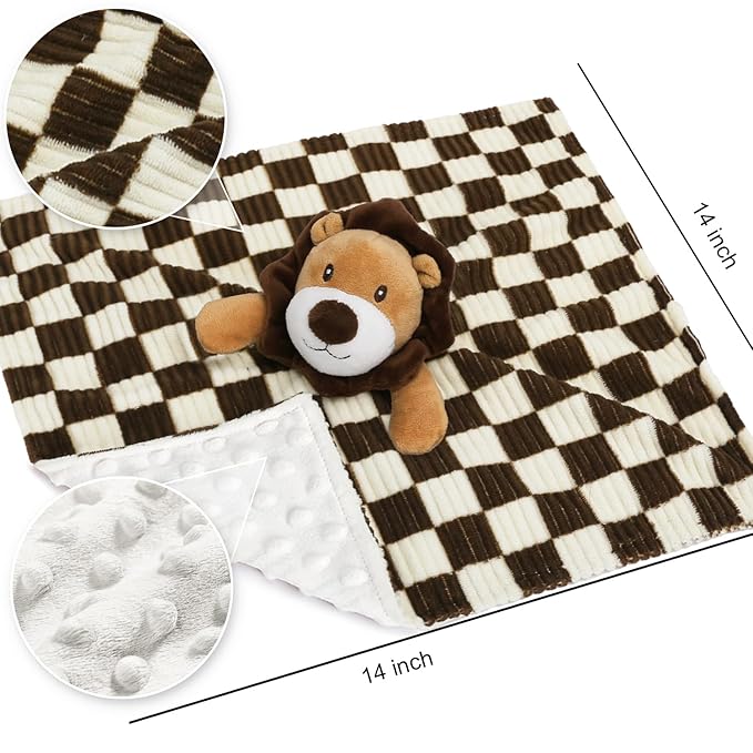 Baby Lovey Blanket for Boys Girls Super Soft Checkerboard Gingham with Minky Dot Fabric Backing Lion Lovely Black 14 Inch