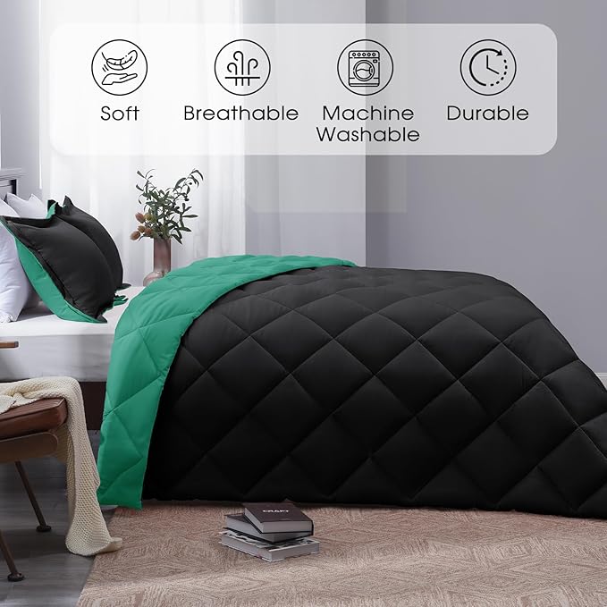 Basic Beyond King Size Comforter Set - Reversible All Seasons, Green/Black Mint Leaf, 1 King Comforter (104"x92") and 2 Pillow Shams (20"x36+")