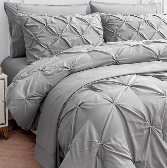 LANE LINEN Queen Comforter Set – 7 Pc Luxury Down Alternative - Pintuck Stitch Design Bedding - 1 Comforter, 1 Flat Sheet, 1 Fitted Sheet, 2 Pillowcases & 2 Shams - Easy Care Machine-Washable – Silver | Plush alt fill, Machine washable, Even warmth spr...