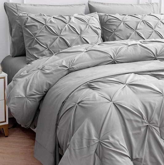 LANE LINEN Twin Sized Comforter Set – 5 Pc Luxury Down-Alternative - Pintuck Stitch Design Bedding - 1 Comforter, 1 Flat Sheet, 1 Fitted Sheet, 1 Pillowcase & 1 Sham - Easy Care, Machine Wash – Silver | Down alt fill, Machine washable, Cozy all season,...