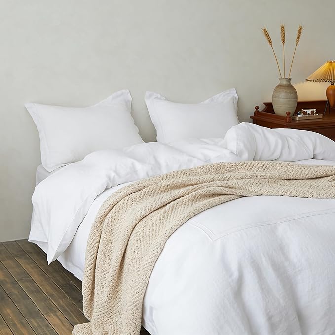Simple&Opulence 100% Washed Linen Duvet Cover Set 88"x92" - 3 Pieces Soft Farmhouse Comforter Cover Set Double Embroidered with Button Closure - 1 Duvet Cover and 2 Pillowshams (White, Queen)