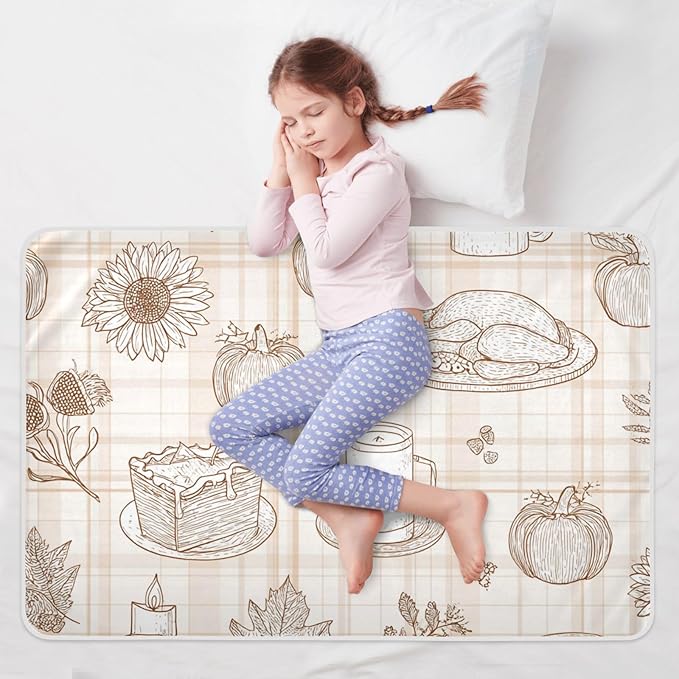 Waterproof Bed Pad Reusable Changing Pad Toddler Mattress Protector Large Pee Pad Baby Diaper Pad Soft Washable Liner Beige Line Art Pie Thanksgiving
