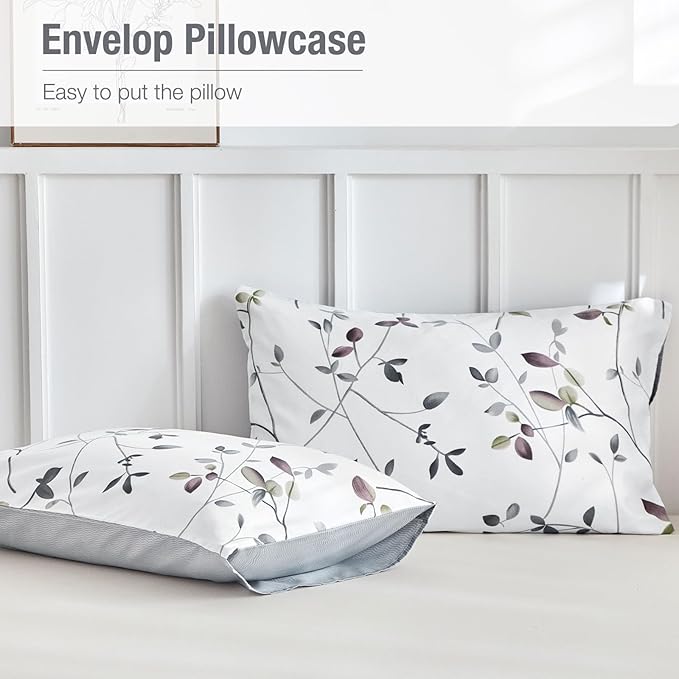 Lekesky Reversible Duvet Cover Queen Size, White Grey Tree Branch Pattern Comforter Cover Queen 3pc Super Soft Microfiber Breathable Botanical Bedding Sets with Zipper Ties