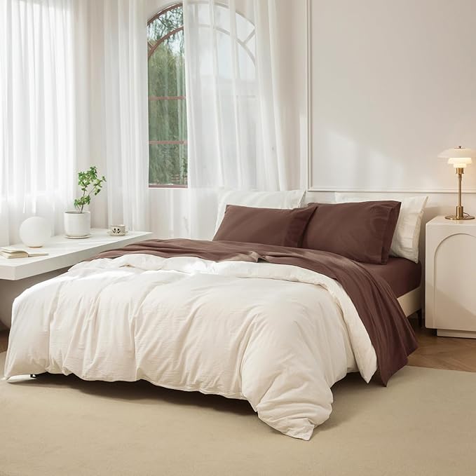 JIYUAN 100% Washed Cotton Sheet Set 4 Pieces Queen,1 Fitted Sheet,1 Flat Sheet and 2 Pillowcases,Comfy and Breathable Linen Like Bedding Set,Chocolate Brown