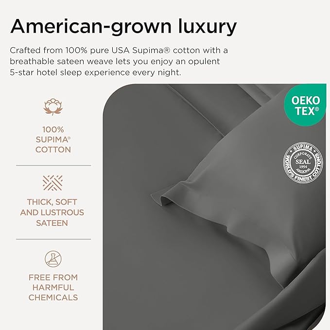 Threadmill Certified 100% American Supima Cotton Sheets, 1000 Thread Count King Size Sheets, 4 Pc Luxury Bed Sheets Set, Hotel Quality Sateen Weave, Dark Grey Sheet with Elasticized Deep Pocket