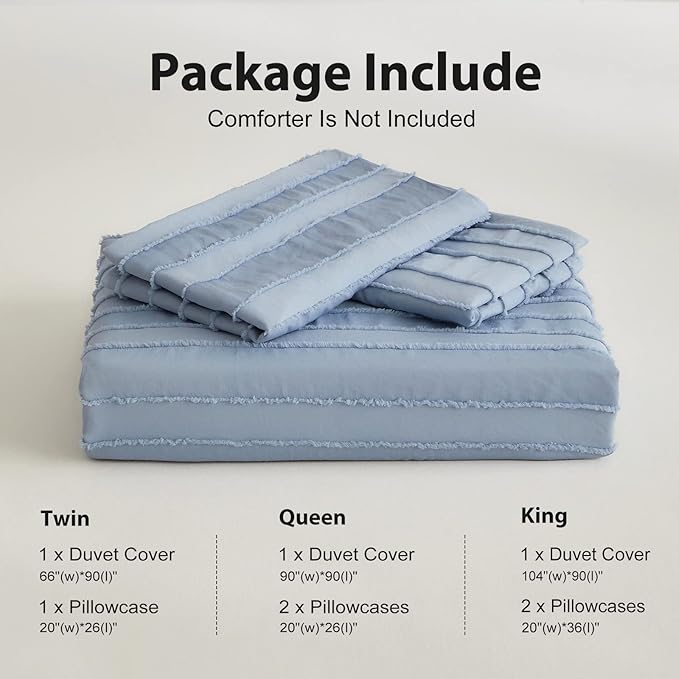 WARMDERN Blue Boho Duvet Cover King Size, Striped Textured Duvet Cover Set Tufted Bedding Set, 3 Pcs Ultra Soft Washed Microfiber Duvet Cover with Zipper Closure (King, Blue)