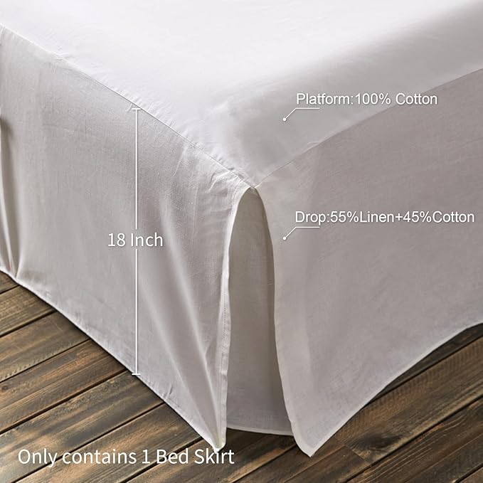 BISELINA French Linen Bed Skirt Split Corner with Button 18-Inch Tailored Drop Natural Flax Cotton Blend Basic Dust Ruffle Soft Cozy (18" King,Button White)