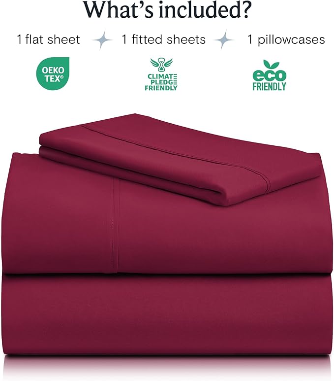 LuxClub Twin XL Sheets - Soft Twin Bed Sheets for-Boys-and-Girls-3 PC Deep Pockets 18" Eco Friendly Wrinkle Free-Kids-Fitted Sheets Machine Washable Hotel Bedding Silky Soft - Burgundy Twin XL
