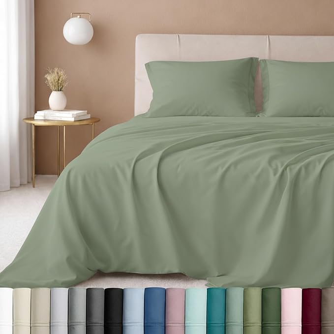 California Design Den Natural 100% Cotton Sheets Twin XL Size Set - Luxury 600 Thread Count Sateen, Fully Elasticized Deep Pocket Bedsheets, Cool and Durable Bedding for Dorm Room - Laurel Green