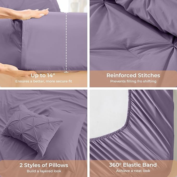 Sasttie Queen Comforter Set, 7-Piece Bed in a Bag, Pintuck Bedding Sets for All Season, Includes Comforter, Flat Sheet, Fitted Sheet, Pillowcases and Pillowshams, New Purple