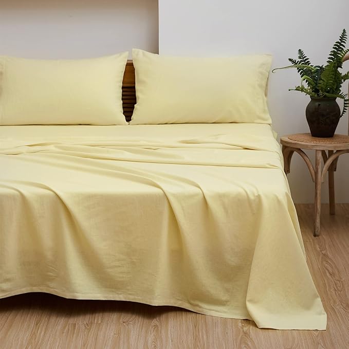 Simple&Opulence Belgian Linen Sheet Set Solid Color - 3 Pieces (1 Flat Sheet, 1 Fitted Sheet & 1 Pillowcase) Natural Flax Cotton Blend Soft Breathable Farmhouse Bedding - Twin Size, Pale Yellow
