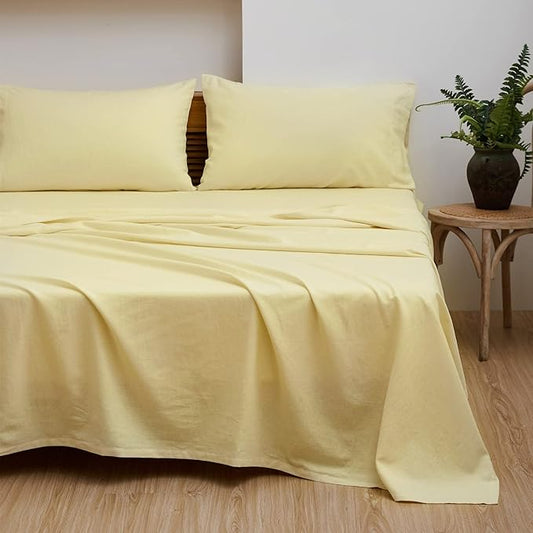 Simple&Opulence Belgian Linen Sheet Set Solid Color - 3 Pieces (1 Flat Sheet, 1 Fitted Sheet & 1 Pillowcase) Natural Flax Cotton Blend Soft Breathable Farmhouse Bedding - Twin Size, Pale Yellow