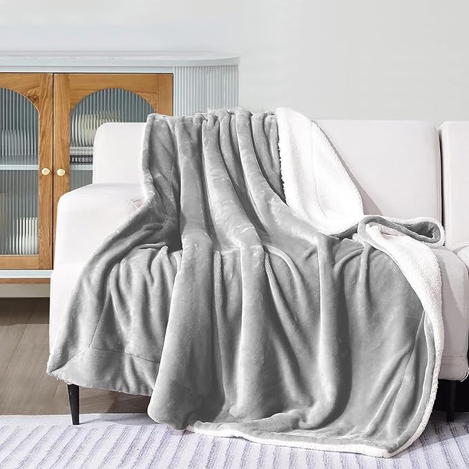 MOONLIGHT20015 Sherpa Blankets Queen Size - (Light Grey, 90X90 Inches) Fuzzy, Soft and Wool/Fleece Blanket for Bed, Fluffy Blankets for Winter, Camping and Travel