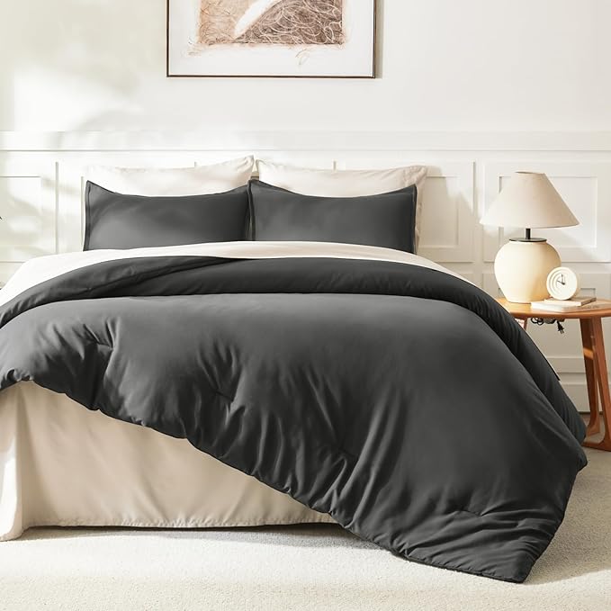 Litanika Oversized King Comforters Dark Grey Super King Size, 3 Pieces Lightweight Solid Bedding Comforter Set, All Season Fluffy Bed Set (120x120In Comforter & 2 Pillowcases)